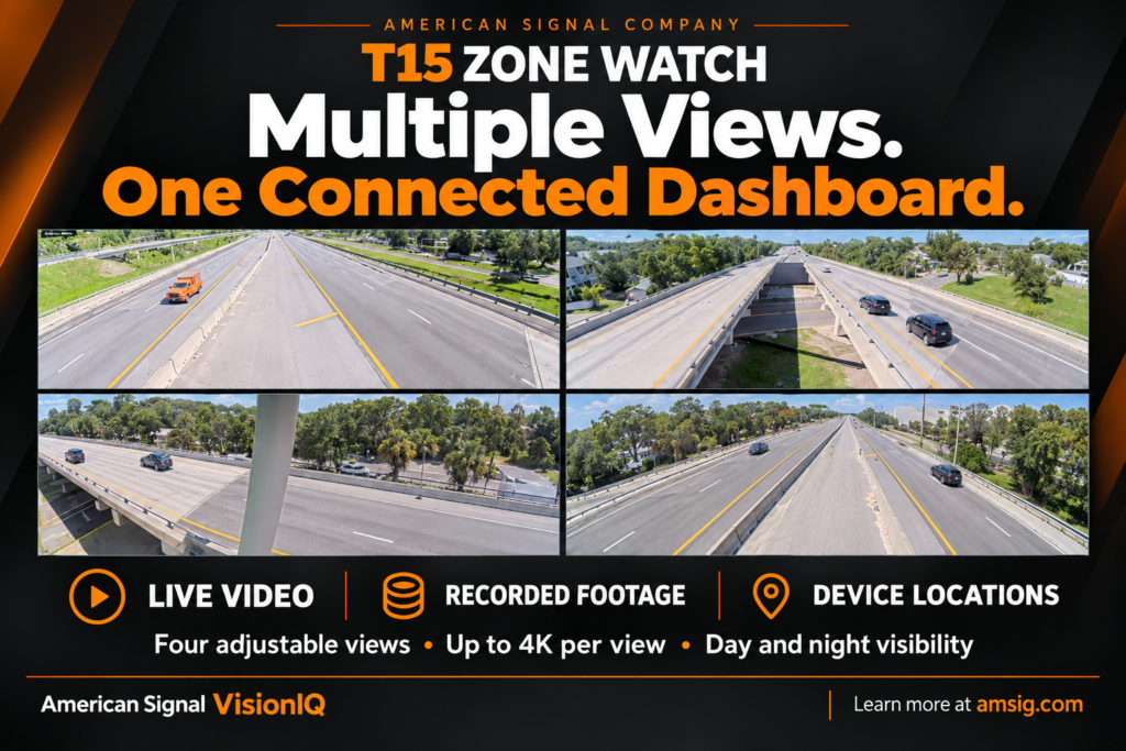 T15 Zone Watch graphic showing four roadway views and features for live video, recorded footage, and device locations.