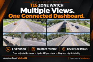 T15 Zone Watch graphic showing four roadway views and features for live video, recorded footage, and device locations.